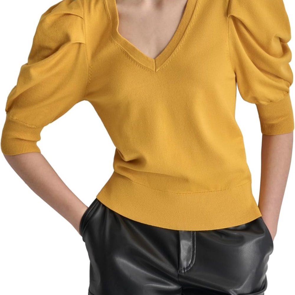 DKNY Mustard V-Neck Sweater with Puff Sleeves
